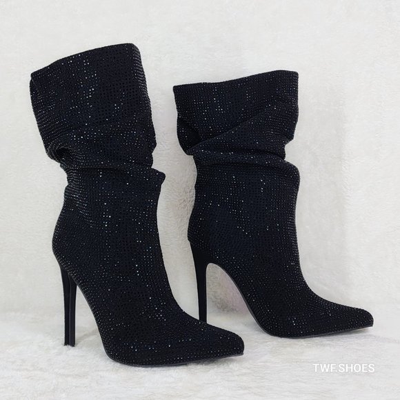Resolve Sparkling Black Rhinestone High Heel Slouch Calf Boots New Years Bling - Picture 10 of 14